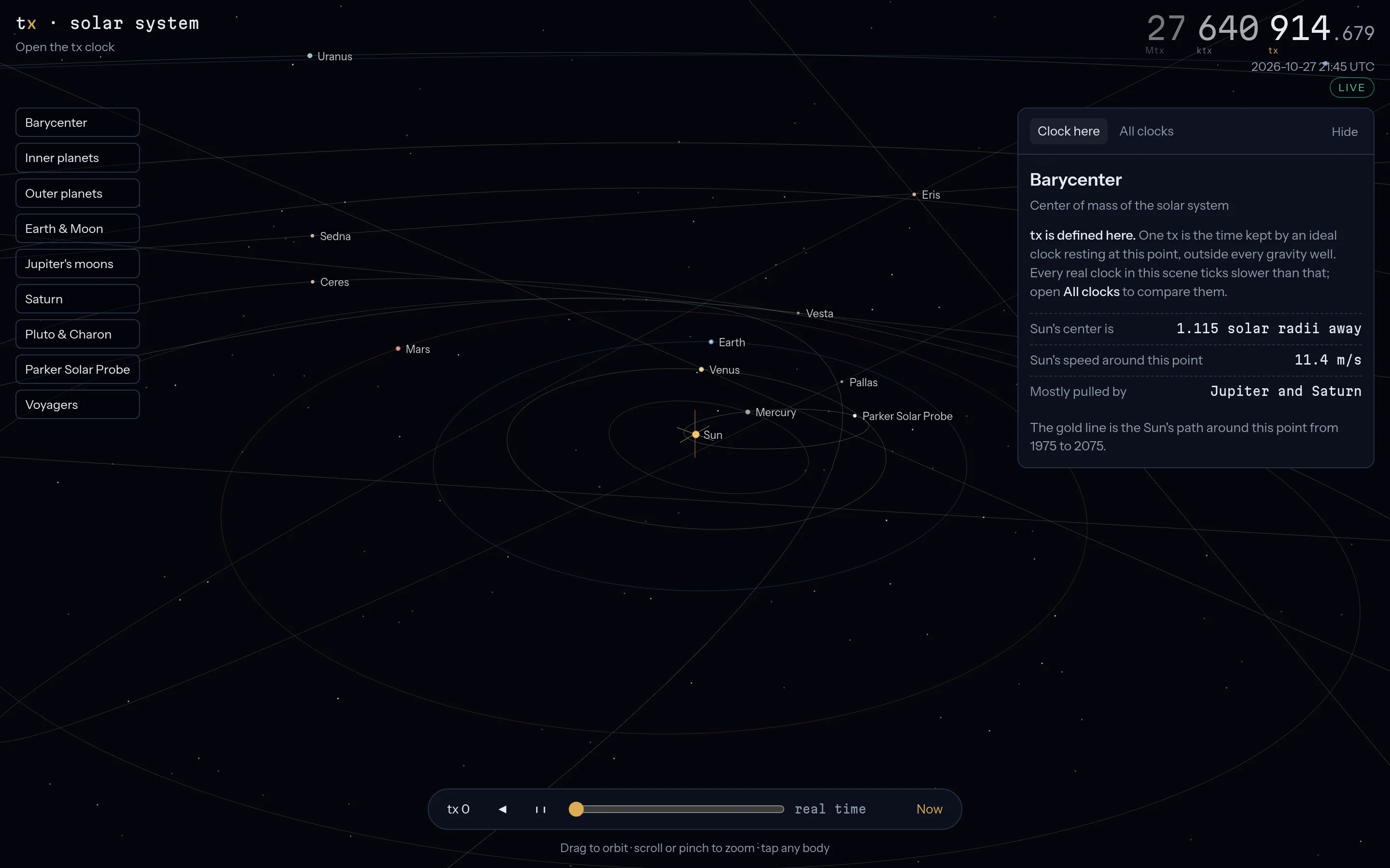 tx solar system simulation centered on the barycenter